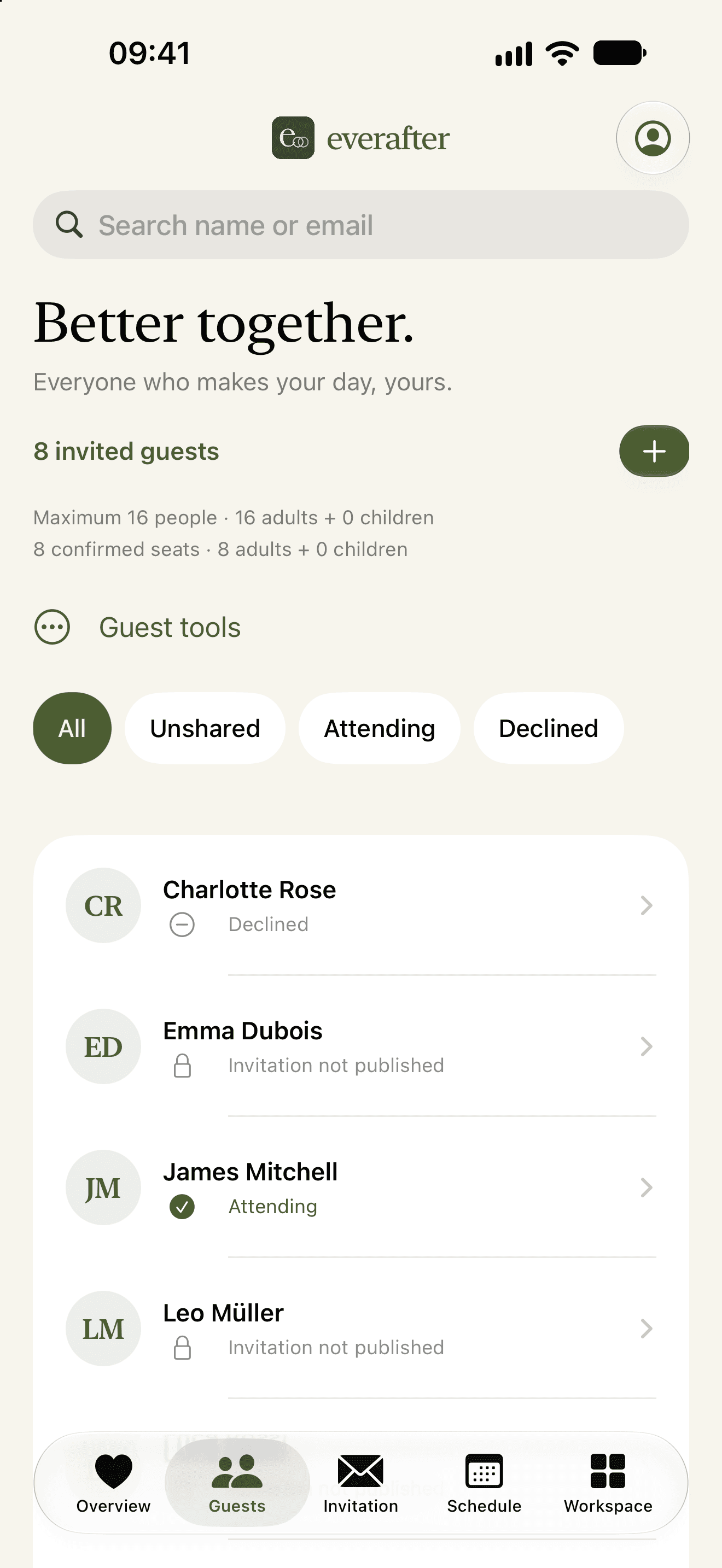 EverAfter iPhone preview showing a sample guest list with attendance and sharing filters