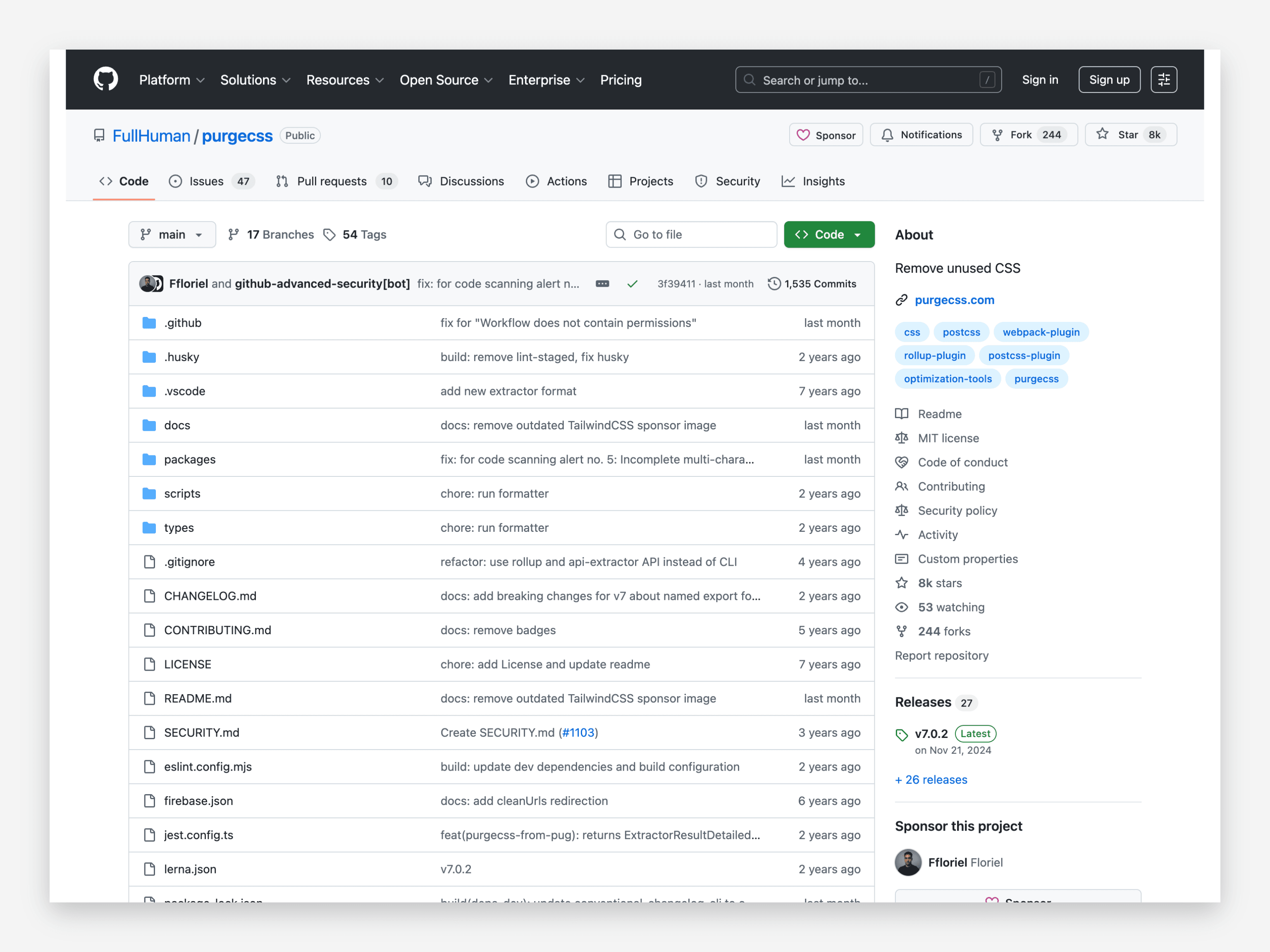 The PurgeCSS repository on GitHub